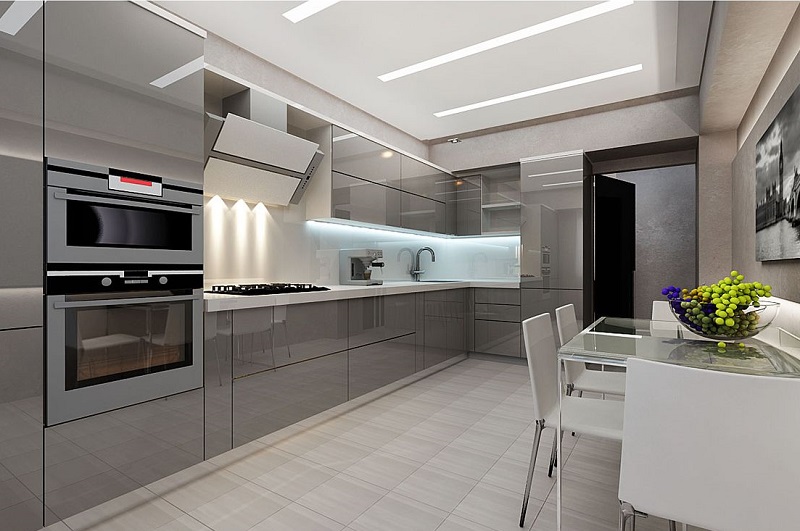 Серебристая красивая современная стильная угловая глянцевая кухня с белой столешницей в стиле минимализм