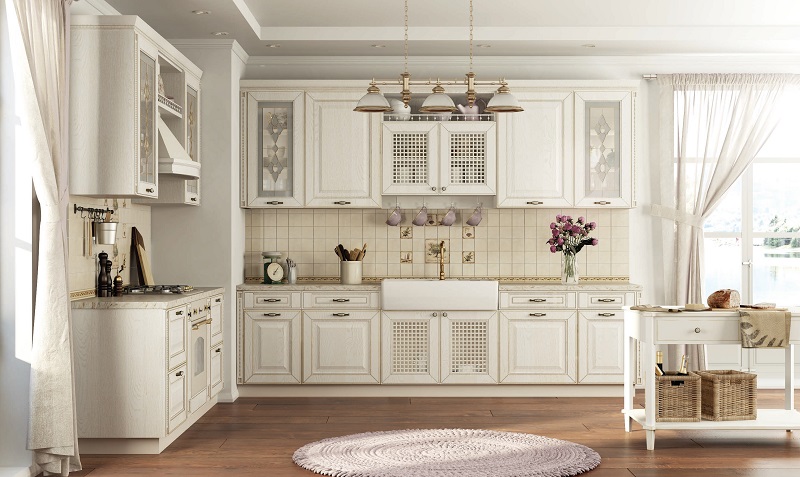 Белая кухня Прованс угловой формы с итальянскими фасадами