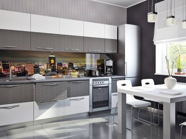 Белая кухня 3D прямой формы со встроенным холодильником