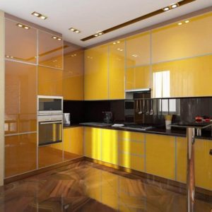 Желтая кухня минимализм стекло с эмалью