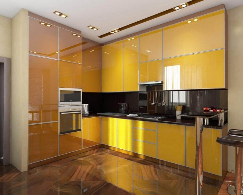 Желтая кухня минимализм стекло с эмалью