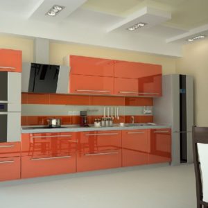 Кухня минимализм стекло с эмалью яркого оранжевого цвета