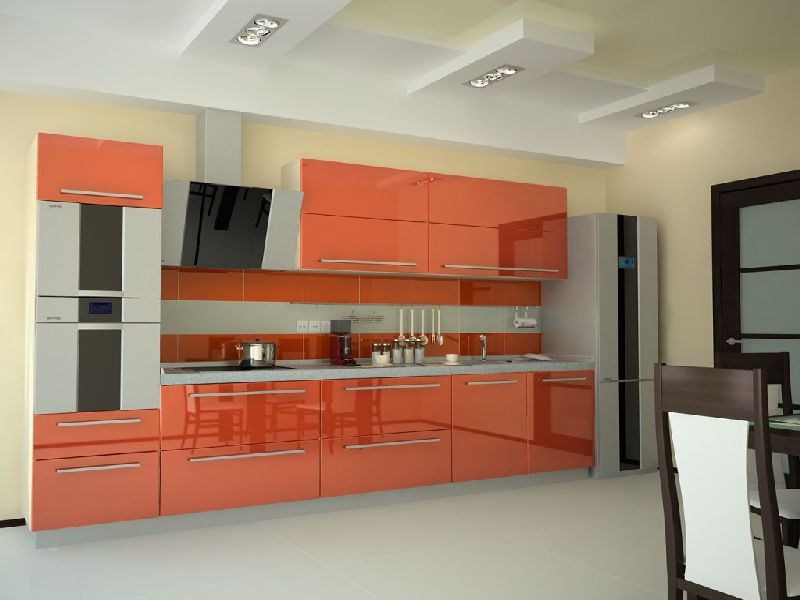 Кухня минимализм стекло с эмалью яркого оранжевого цвета