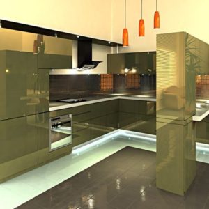 Кухня стекло с эмалью оливкового цвета в стиле минимализм