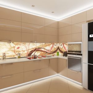 Бежевая угловая кухня в стиле минимализм с горизонтальными шкафами