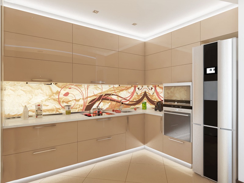 Бежевая угловая кухня в стиле модерн с горизонтальными шкафами