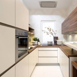 Светло-бежевая кухня П-образной формы с деревянной столешницей в стиле минимализм