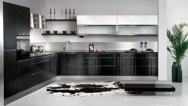 Бело-черная кухня с открытыми полками и фасадами 3d