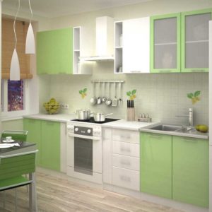 Бело-зеленая кухня с матовыми фасадами