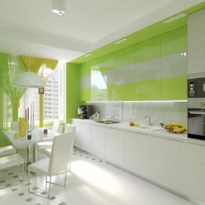 Бело-зеленая кухня под потолок