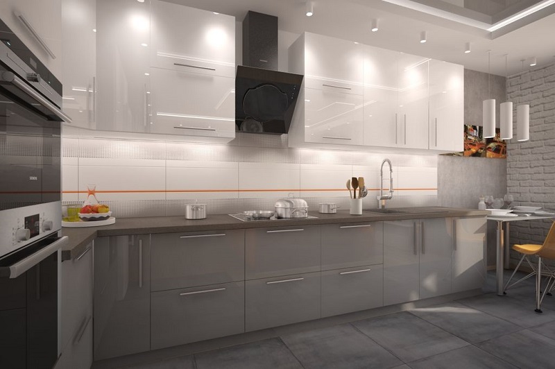 Глянцевая кухня серая с белым в современном стиле минимализм