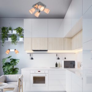 Трехуровневая кухня под потолок белого цвета угловой формы в современном стиле минимализм без ручек