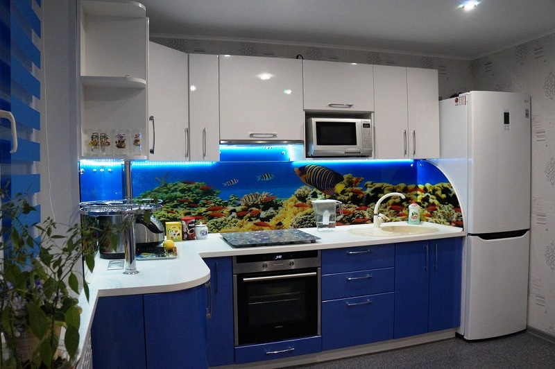 Маленькая кухня синяя с белым с левым углом