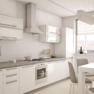 Белая угловая матовая кухня с каменной столешницей со встроенным холодильником