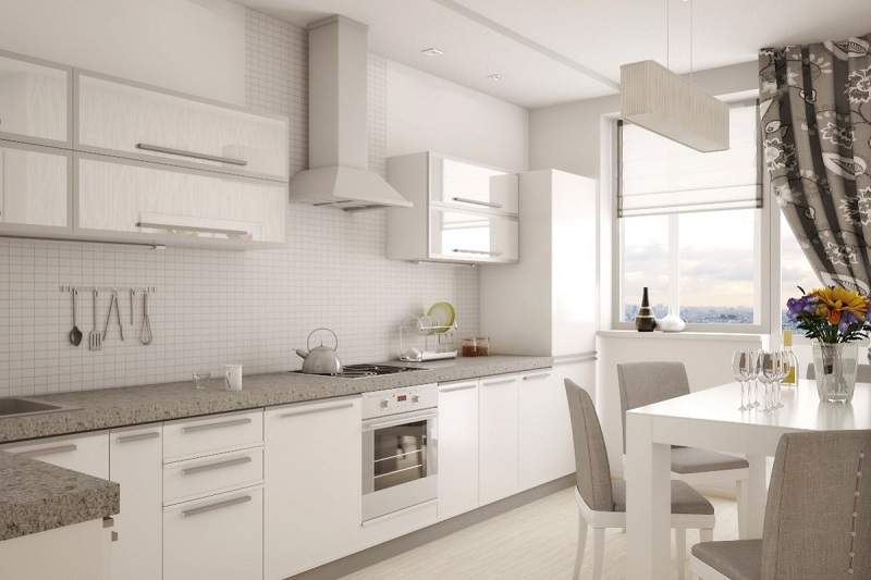 Белая угловая матовая кухня с каменной столешницей со встроенным холодильником