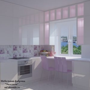 Красивая маленькая угловая кухня белого цвета с барной стойкой вдоль окна