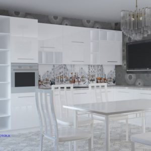 Белая глянцевая угловая кухня с открытыми полками
