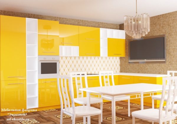 Желтая глянцевая угловая кухня с открытыми полками