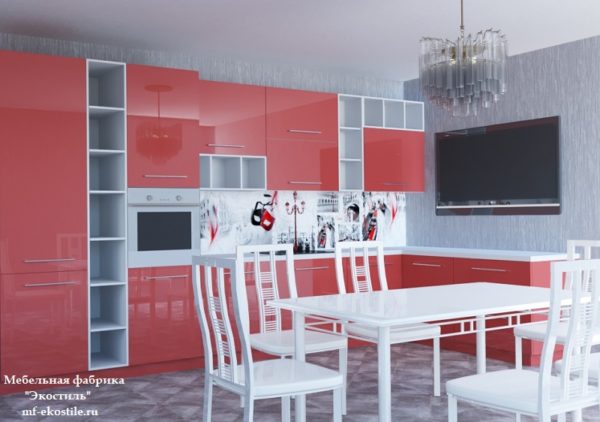 Красная глянцевая угловая кухня с открытыми полками