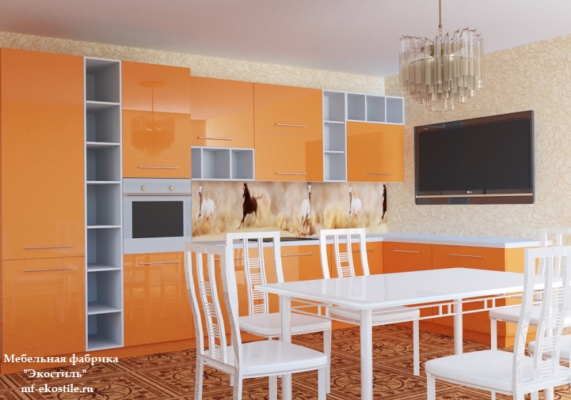 Оранжевая глянцевая угловая кухня с открытыми полками