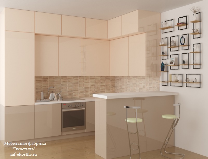 Бежевая угловая двухцветная кухня в современном стиле минимализм
