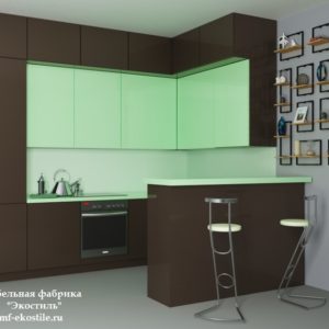 Коричневая кухня с зелеными верхними шкафами в стиле минимализм