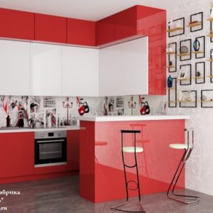 Красная угловая высокая кухня с барной стойкой