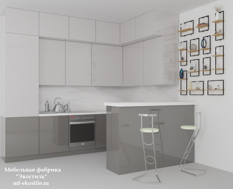 Светло-серая современная кухня без ручек с высокими верхними шкафами угловой формы
