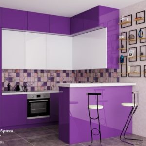 Фиолетовая угловая высокая кухня с барной стойкой