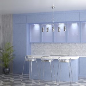Голубая кухня минимализм с фасадами со стеклом