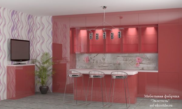 Красная прямая кухня с барной стойкой-островом в современном стиле