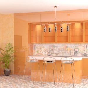 Оранжевая прямая кухня с барной стойкой-островом в современном стиле