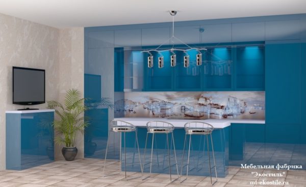 Синяя прямая кухня с барной стойкой-островом в современном стиле