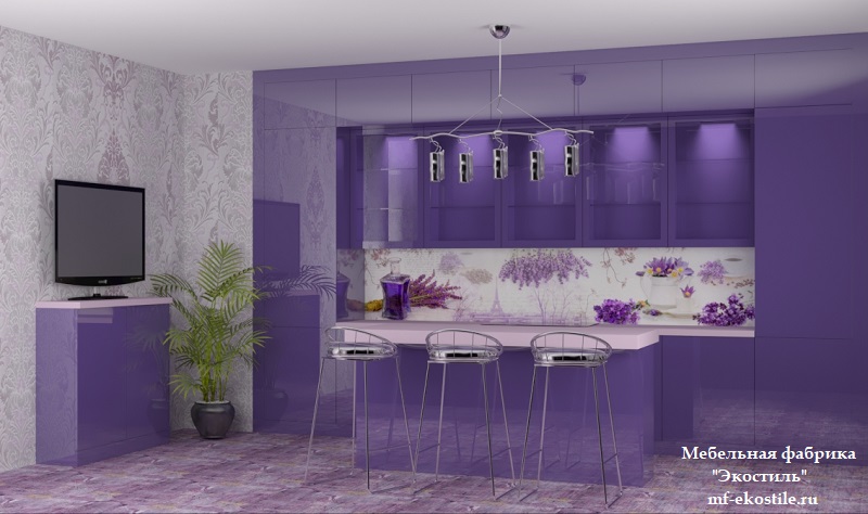 Фиолетовая прямая кухня с барной стойкой-островом в современном стиле