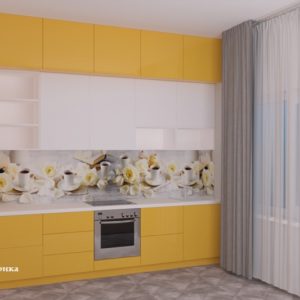 Желтая современная прямая кухня с матовыми фасадами, со встроенной техникой