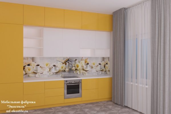 Желтая современная прямая кухня с матовыми фасадами, со встроенной техникой