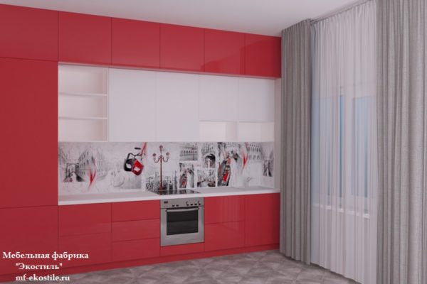Красная современная прямая кухня с матовыми фасадами, со встроенной техникой