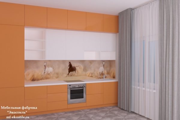 Оранжевая современная прямая кухня с матовыми фасадами, со встроенной техникой