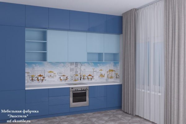 Синяя современная прямая кухня с матовыми фасадами, со встроенной техникой