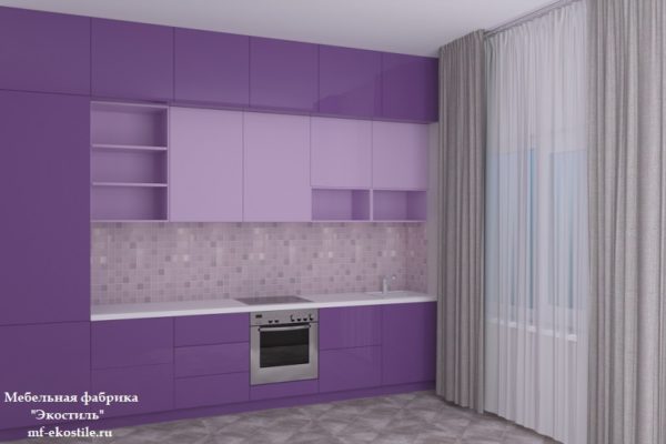Фиолетовая современная прямая кухня с матовыми фасадами, со встроенной техникой