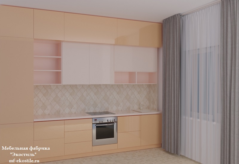 Персиковая прямая кухня со встроенным холодильником в современном стиле минимализм без ручек