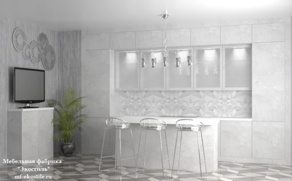 Светло-серая красивая кухня с мраморными фасадами