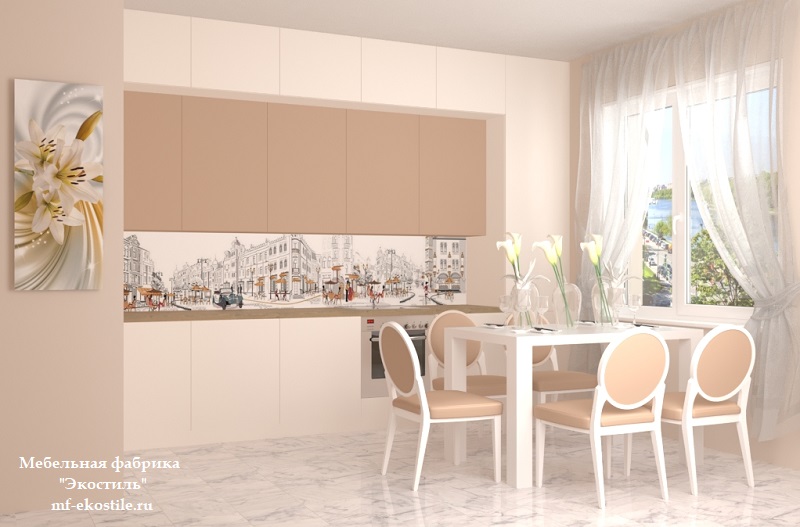 Прямая двухцветная кухня минимализм под потолок - бежевый в обрамлении белого цвета