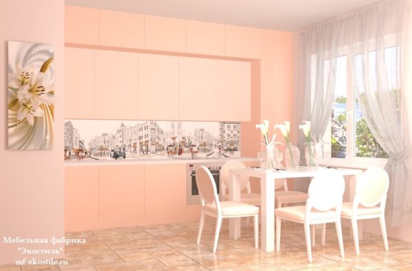 Персиковая красивая современная кухня в стиле минимализм с матовыми фасадами