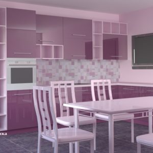Фиолетовая современная кухня с глянцевыми фасадами угловой формы