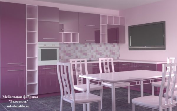 Фиолетовая современная кухня с глянцевыми фасадами угловой формы