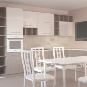 Красивая угловая двухцветная кухня в стиле минимализм. Бежевый низ, белый глянцевый верх