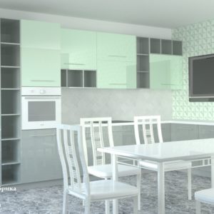Двухцветная угловая глянцевая кухня минимализм - серый низ, фисташковый верх