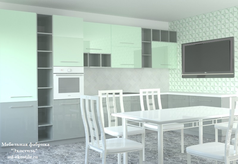 Двухцветная угловая глянцевая кухня серый низ фисташковый верх