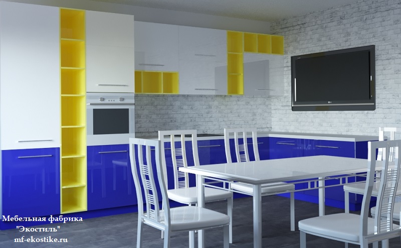 Яркая синяя кухня с белым верхом угловой формы с глянцевыми фасадами
